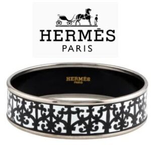 Hermès Black & White Enamel Palladium Plated Balcons du Guadalquivir Wide Bangle